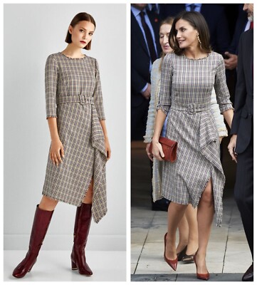 M UK 10 Pedro Del Hierro Belted Tweed Midi Dress Multicoloured EUC ASO Letizia
