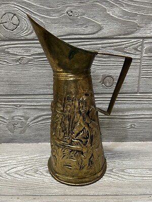 Vintage Brass Look Pitcher Embossed Old English Tavern Pub Scene Made in England