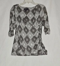 Women's Style&Co Faux Wrap Shirt Top Blouse Geometric Black White Tan Rouched Lg