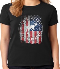 Ladies Graphic Tee Shirt - Ford Bronco American Flag Clothing Apparel