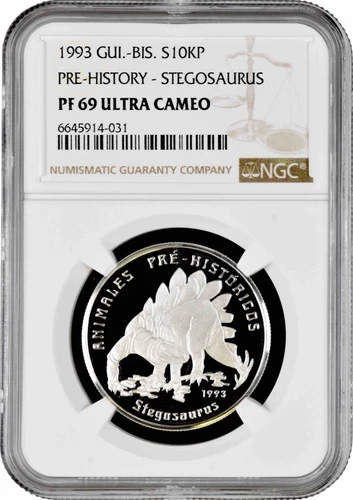 Guinea-Bissau 10.000 pesos 1993, NGC PF69 UC, "Pre-History Stegosaurus" Top 1/0