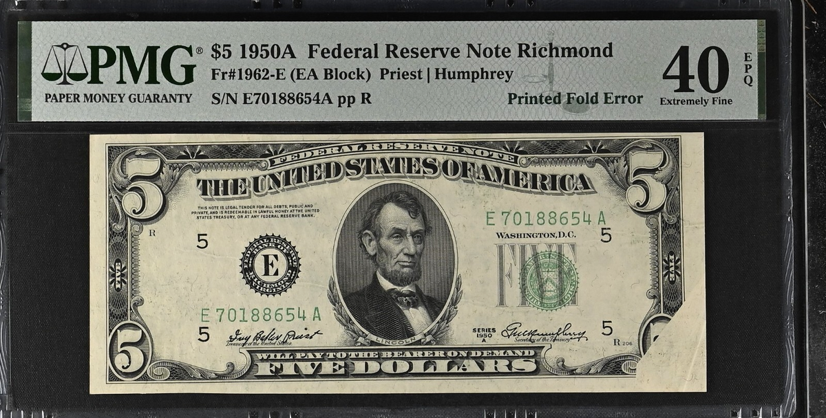 1950A $5 FRN Richmond Fr1962-E Printed Fold Error - PMG 40 XF EPQ