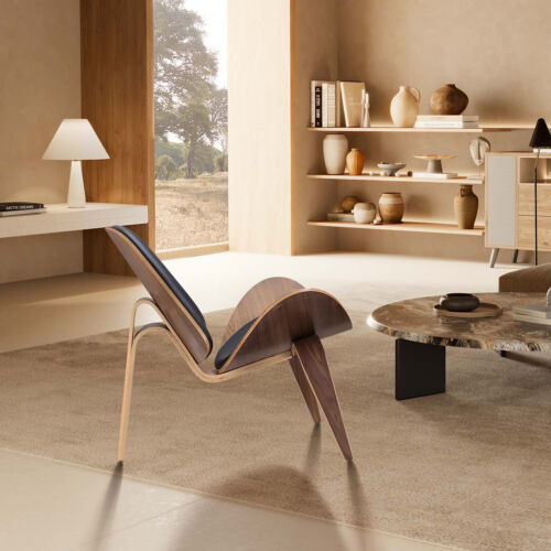 2025 Mid-Century Modern Shell Lounge Chair Leather Accent Solid Wood Side Chair - Picture 3 of 16