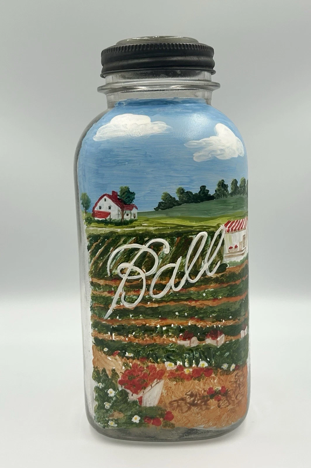 Vintage 9.5” Clear Perfect Ball Mason Jar Handpainted Farm Country Scene 1/2 Gal