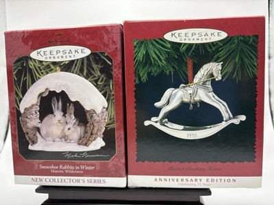 1995 Pewter Rocking Horse & 1997 Snowshoe Rabbits Hallmark Ornaments NIB