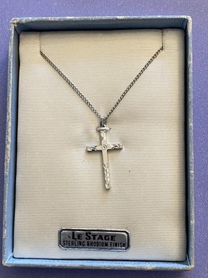 LE STAGE Sterling Rhodium Finish  Cross Pendant and Chain Vintage NWBox 