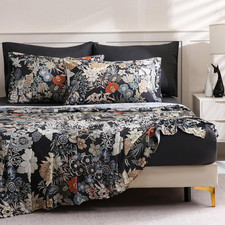 Floral Queen Size Bed Sheet Set, 6 Piece, Deep Pocket Black Fitted Sheet, Comfy