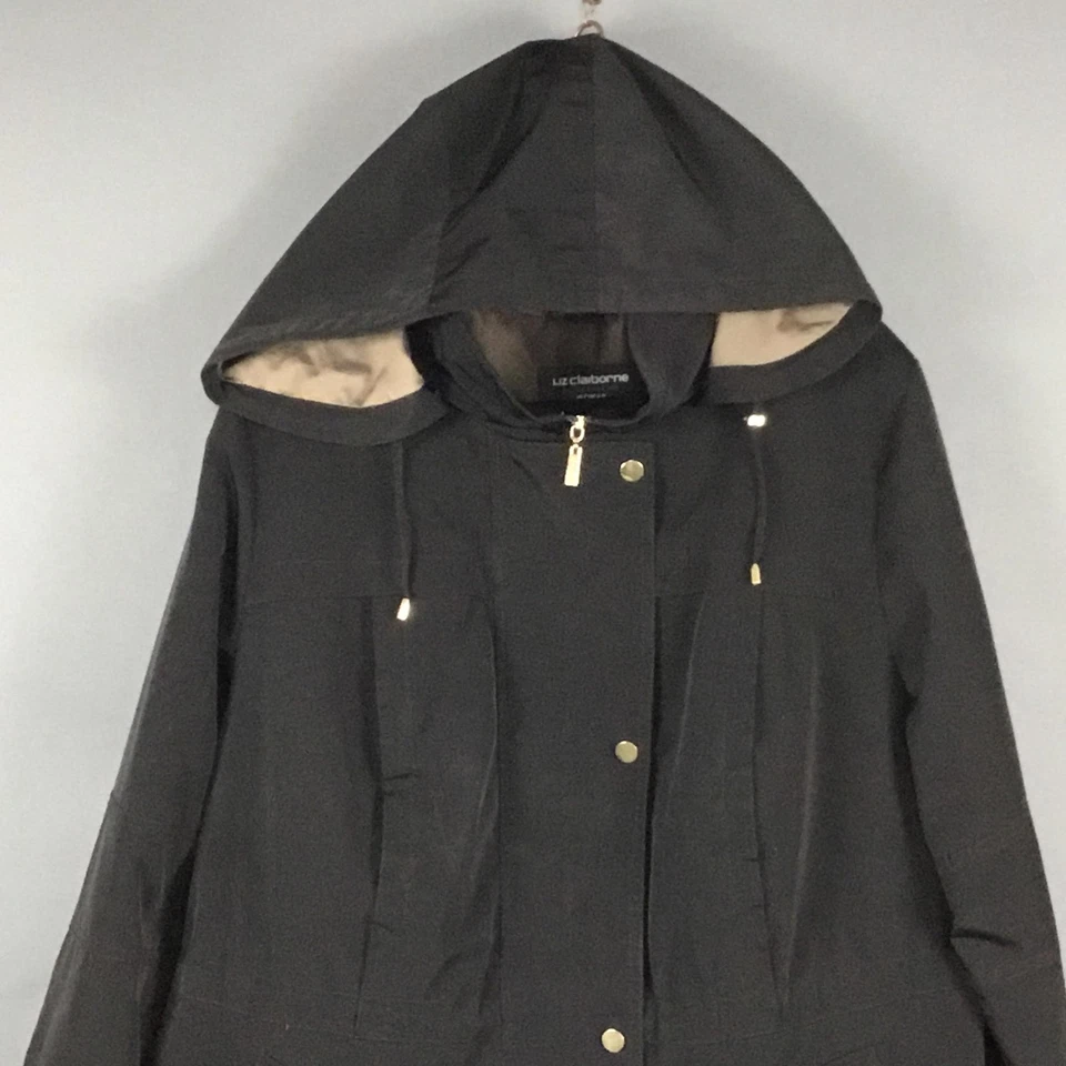 Abrigo Liz Claiborne para mujer 2X parka negro con capucha forro extraíble cremallera bolsillos a presión Foto 4 de 4