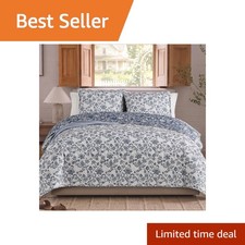 BLOOMHAVEN Quilt Set King Oxford Blue Floral Reversible Shams