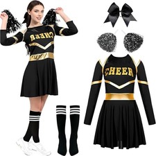 Cheerleader Kostüm Damen Schwarzgold M mit Pompons Socken Karneval