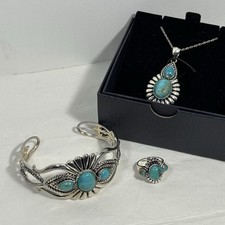 STAUER Silver Kingman Turquoise Jewelry Set 925 Necklace Pendant Bracelet Ring