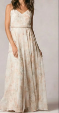 Jenny Yoo Dress Large Beige Floral Chiffon Wedding Bridesmaid Romantic Maxi Gown