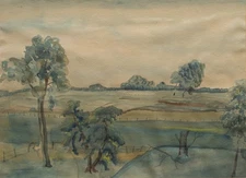 Wide landscape with fields unsigned unknown unique watercolor 20th century
