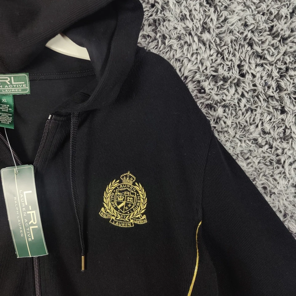 Ralph Lauren LRL Preppy Negro Cremallera Completa Sudadera con Capucha Logo Dorado Para Mujer XL NUEVO Foto 2 de 4