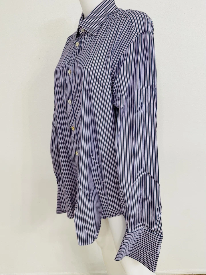 Camisa Kiton Napoli 100% Algodón Abotonada Azul Blanco Rayas Talla 17 XL-XXL Foto 4 de 4