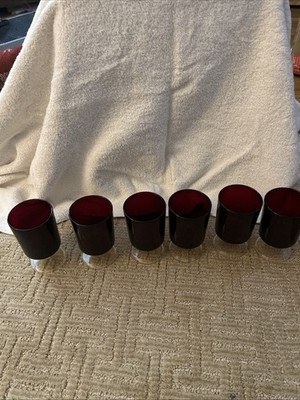 Vintage Luminarc France Ruby Red w/ Clear Stem Wine Glasses Set of Six (6)