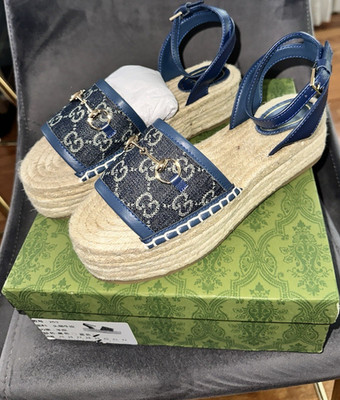 Gucci Women's Blue Espadrille Wedge Sandals Leather Canvas Ankle Strap