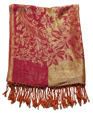 Pashmina Silk Gold Red Floral Scarf Soft Wrap Shawl Approx 27"x62" EUC