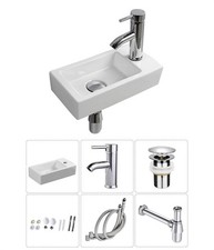 Wall Mounted White Glossy Ceramic Rectangular Bathroom Sink w/ Tap Trap Waste
