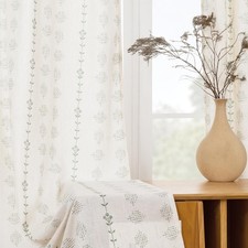 Linen Semi Sheer Curtains 63 Inch Length,Sage Green Boho Floral Curtain Drape...