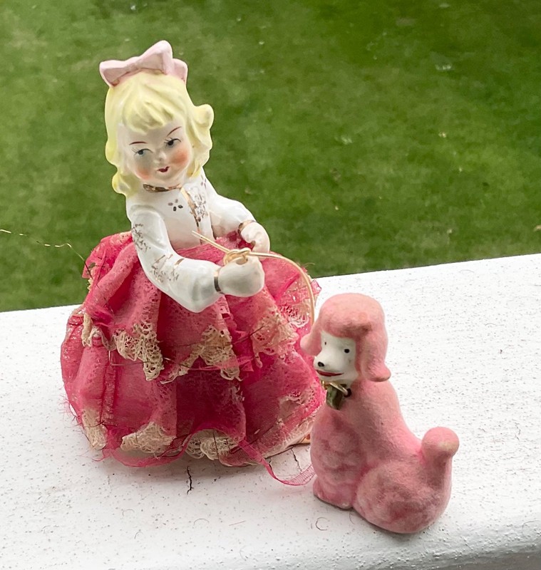 Sweet Vintage Pink Flocked Poodle and Girl Figurine Poodle On Chain MCM Enesco