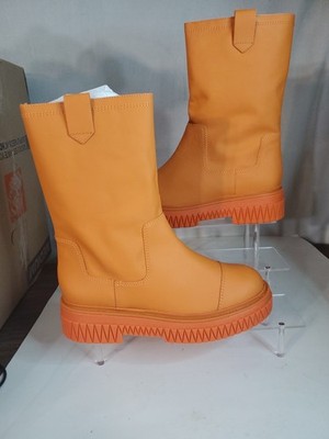 Schutz Jacy Platform Women's Orange Bright Tangerine Rubber Mid-Calf Boots S56