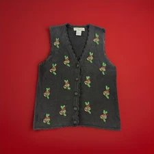 Vtg 90s Christmas Vest Beaded Mistletoe Bells Button  Grandma Core Cottage Sz L