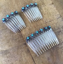 THREE Matching Vintage Sterling Silver Turquoise Hair Combs 925 Mexico
