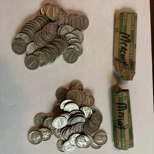 Mercury Dimes $10 Face Value 90% Silver 2 Rolls 100 Coin Bulk Lot