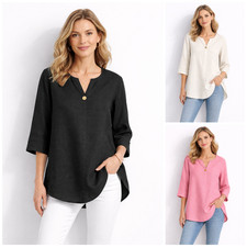 Women Button Linen Tops Summer Ladies Tunic Shirts Short Sleeve Blouse Plus Size