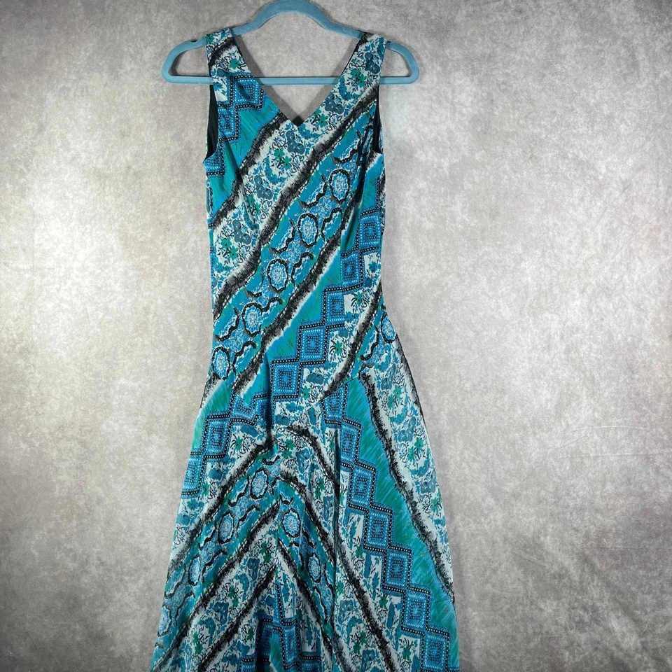 Vestido Chetta B Feminino Tamanho 8 Azul Turquesa Floral Sem Mangas Fada Caprichoso Boho - Imagem 4 de 4