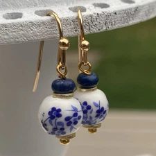 Min Favorit Blue White Ceramic Round Bead & Gold Pl  Artisan Drop Earrings