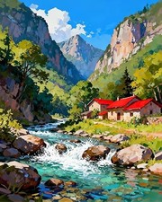 Sky Mountain House Paint by Numbers for Adults DIY Canvas Wall Art Decoration
