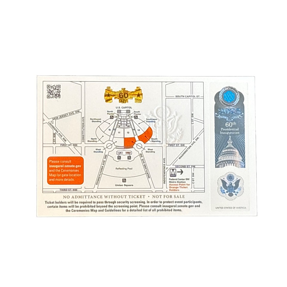 2025 President Donald Trump Inauguration Orange Ticket JD Vance