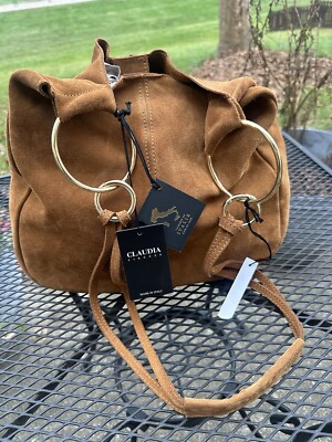 Claudia Firenze Suede Crossbody Shoulder Bag GOLD RINGS Purse Brown NWT