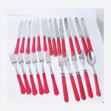 Peerless Stainless Steel Lot of 25 Dinner Knives, Forks, Soup Spoon Red Handle