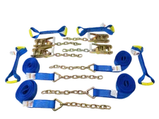 8 pt Kit 18' BLUE DW Rollback / Flatbed Car Tie-Downs w/ Chain Tails