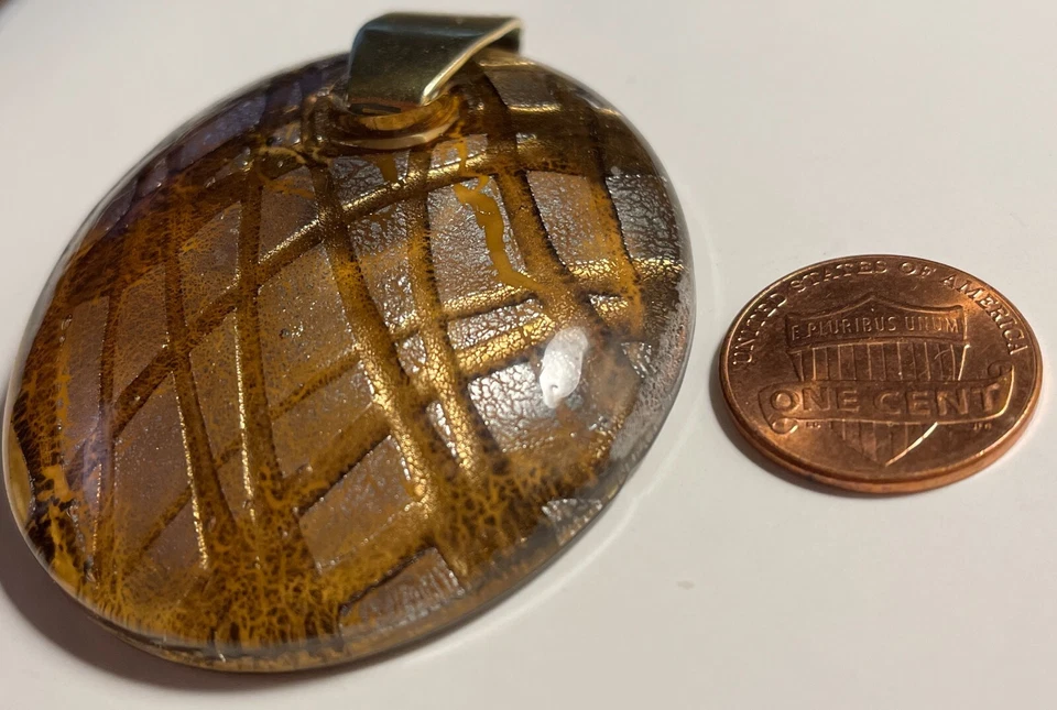 ONE Large Heavy Oval Domed Brown & Silver Dichroic Glass Pendant 53mm 2 1/8" P14 - Image 3 of 4