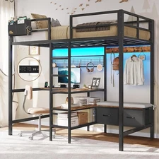 Twin Loft Bed with L-Shaped Desk Charging Station LED Lights Coat Rack Drawers