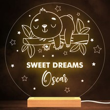 Kids Cute Baby Sloth Round Name Personalised Gift Warm White Lamp Night Light