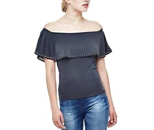 GUESS WOMEN'S SANDWASHED GRAY SHORT SLEEVE OFF SHOULDER FLOUNCE TOP Sz S