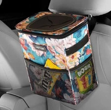 Car Trash Can with Lid and Storage Pockets 2 Gallons Flower Print Hotor - A0180