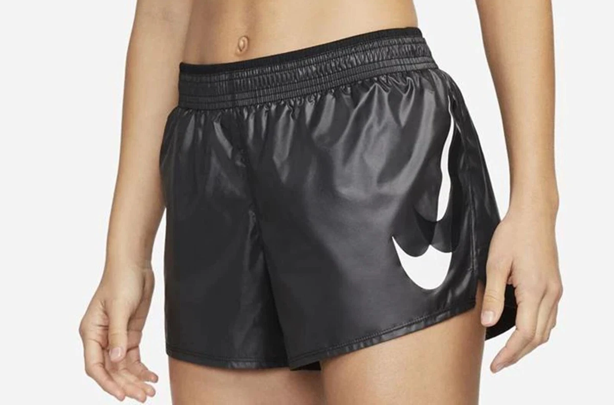 WOMENS NIKE SHINY SWOOSH RUNNING SHORTS BLACK DRI-FIT UK S, M NEW LAST TWO