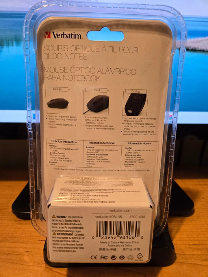 Verbatim 98106 Corded Notebook Optical Mouse Wired USB BLACK for PC or MAC NEW - Image 3 of 4