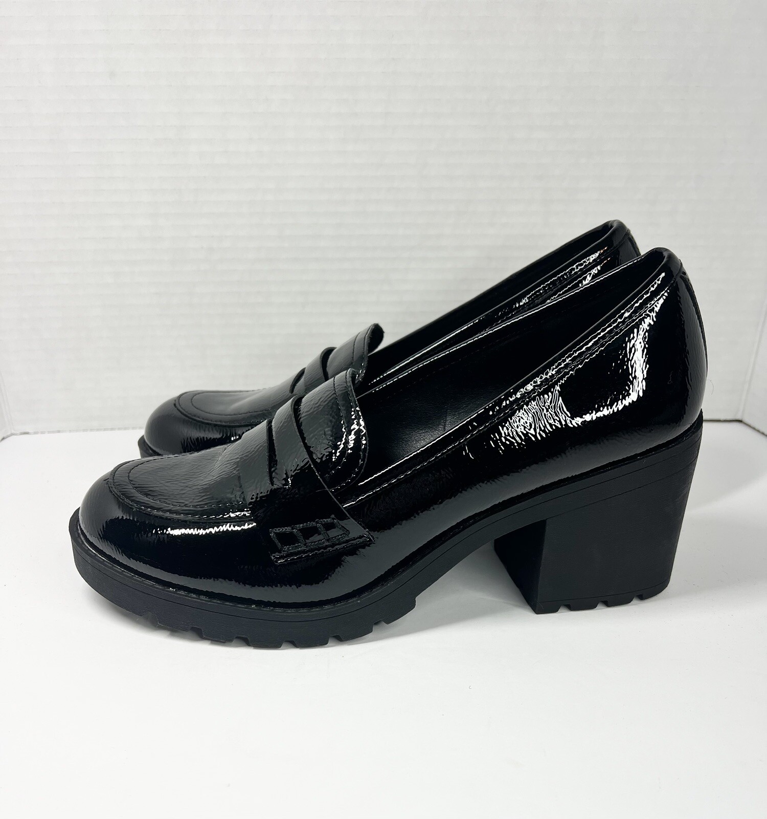SAOLA X APPEAL Amara tacco grosso Oxford suola a mocassino in pelle verniciata nera taglia 9 5