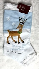 MERRY 1ST CHRISTMAS   16x 9"  Holiday Stocking   Deer + Snow   Blue-White Fleece