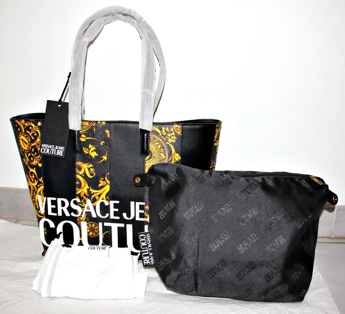 Versace Jeans Couture Baroque Stripe Patchwork PU 2-Piece Logo Tote &  Pouch Set