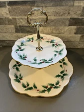 Mikasa Bone China Ribbon Holly 2 Tiered Tidbit Serving Tray with Handle