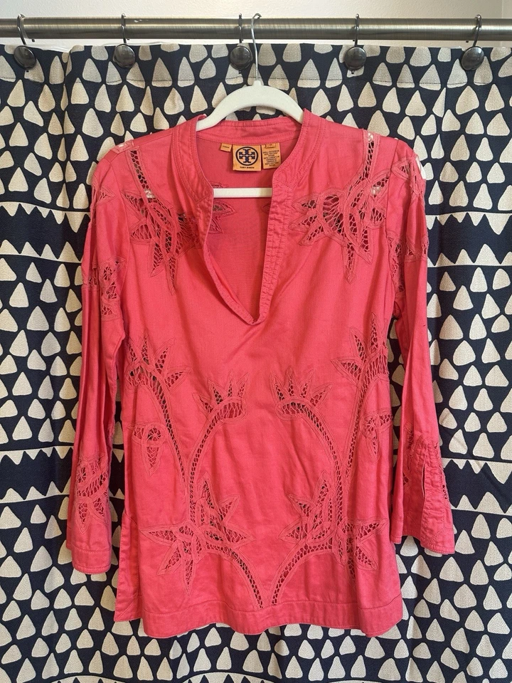 Tory Burch 束腰外衣珊瑚钩针花边镂空长袖 10 码