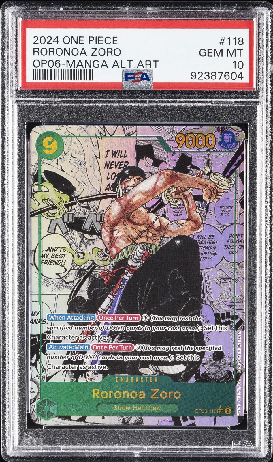 2024 ONE PIECE OP06-WINGS OF THE CAPTAIN MANGA ALTERNATE ART RORONOA ZORO PSA 10